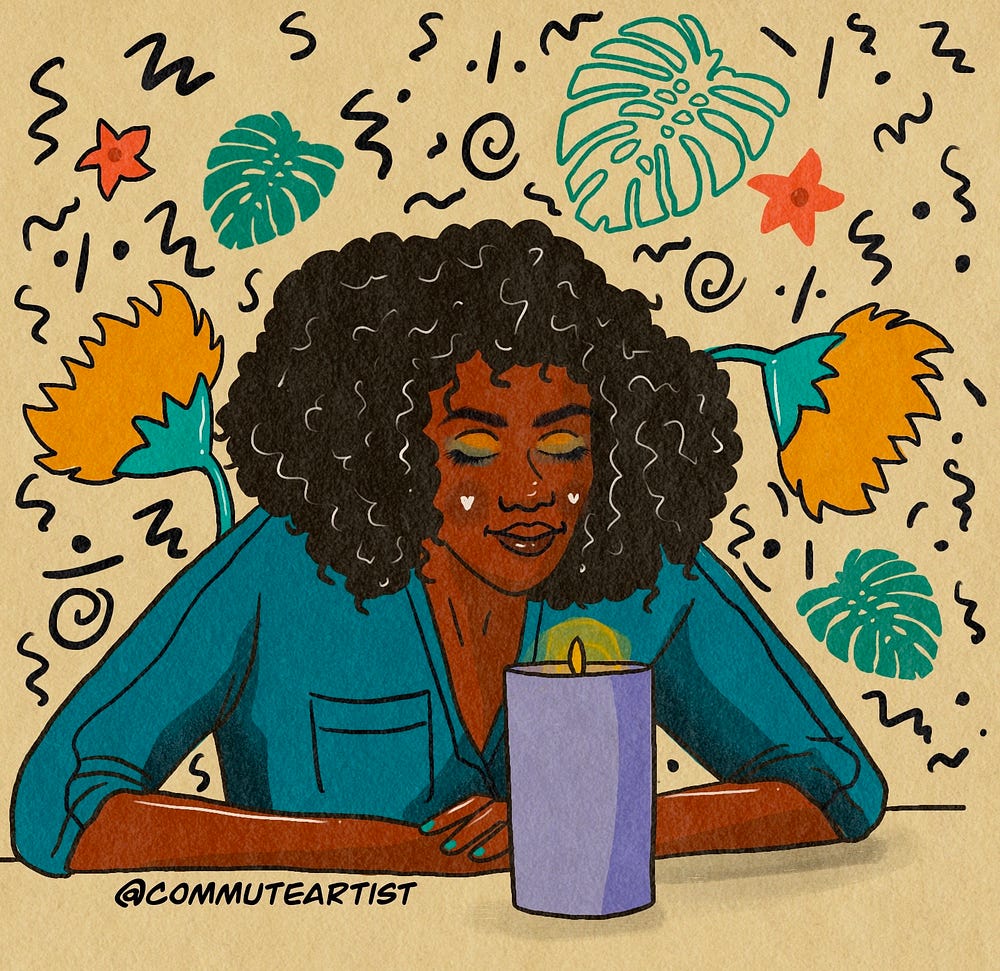 Illustration of a woman sitting at a table smelling a lit candle