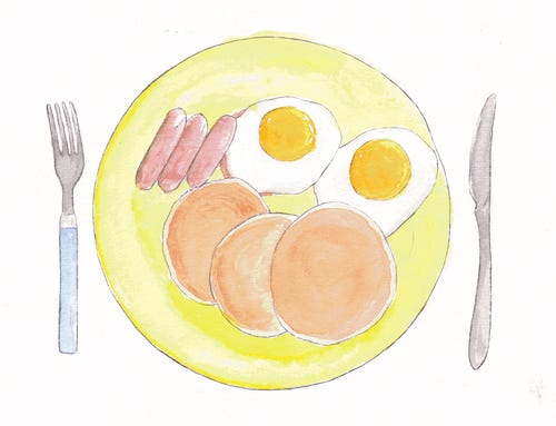 An illustration of sausage, pancakes, and eggs.