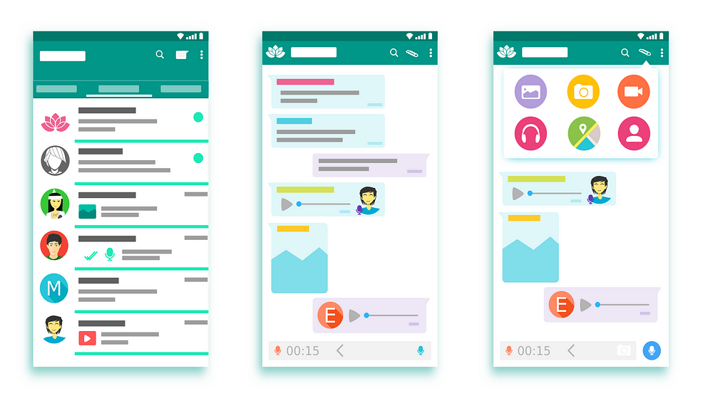 three phone screens showing design of whatsapp