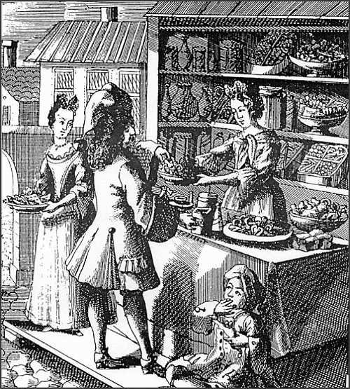 A black and white drawing of a woman selling candy from a stand