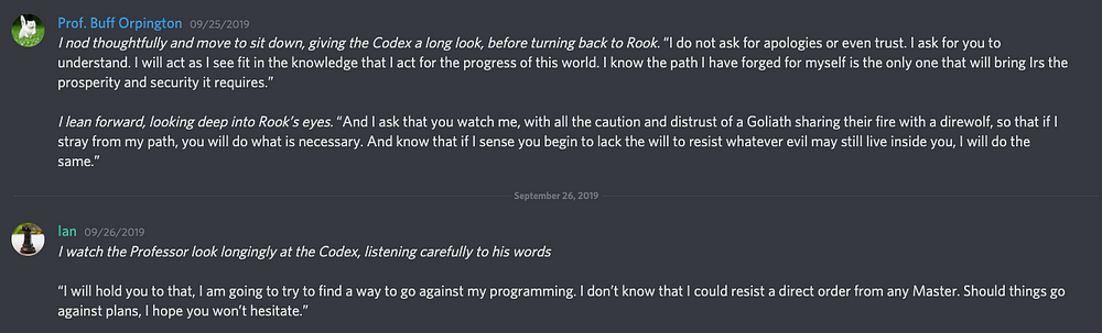 A discord chat between two players roleplaying in character