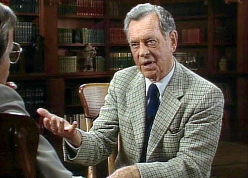 Philospher Joseph Campbell gestures with his right hand in interview with journalist Bill Moyers in 1988 on PBS-TV for “The Power of Myth” series.