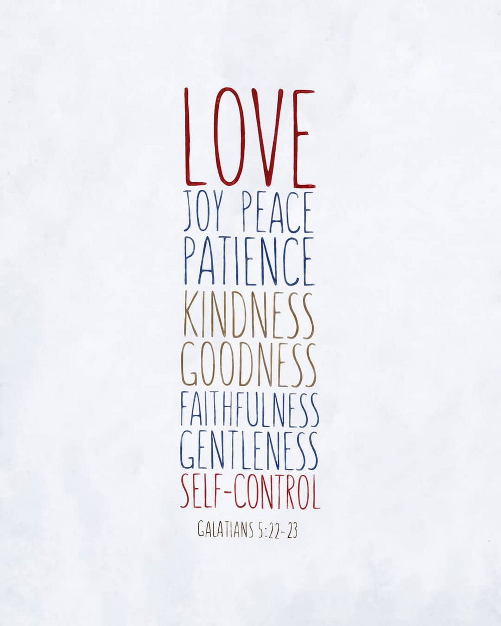 love, joy, peace, patience, kindness, goodness, faithfulness, gentleness, self-control — small voice today