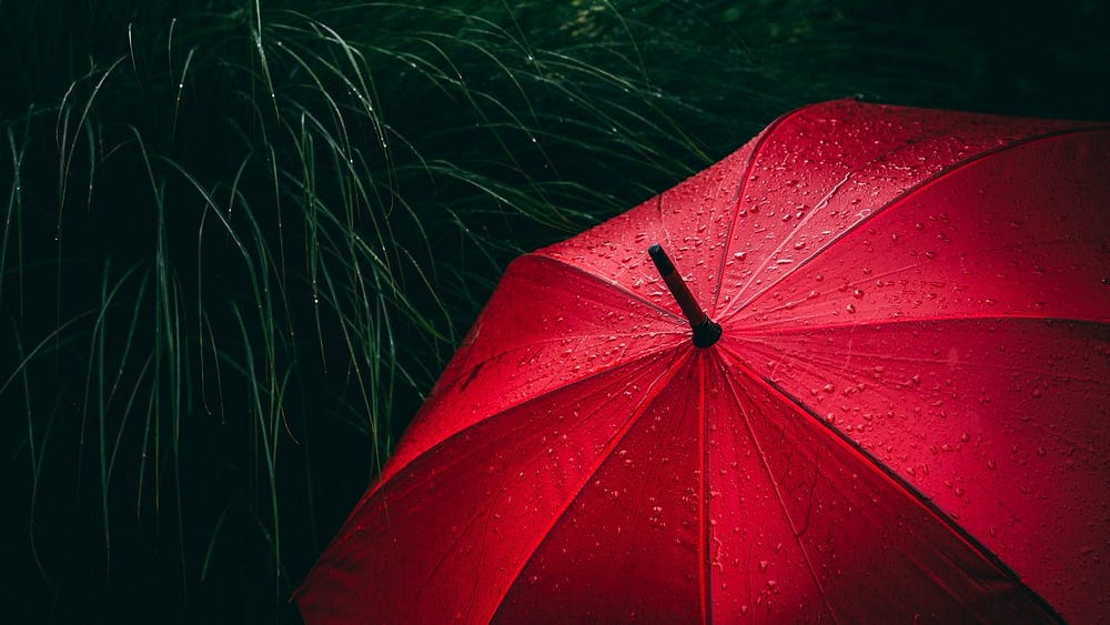 Red umbrella with droplets of rain.