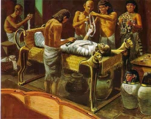 A painting showing ancient Egyptians performing a mummification ritual