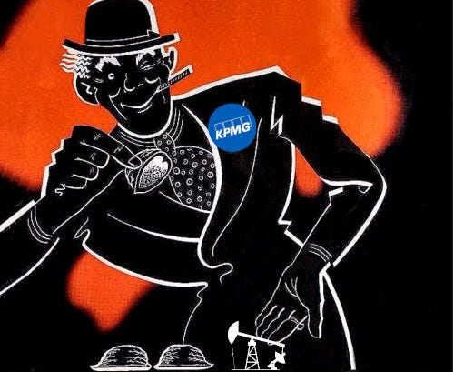 A shell-game con artist wearing a KPMG badge on his lapel, lifting a shell to reveal a pumpjack.