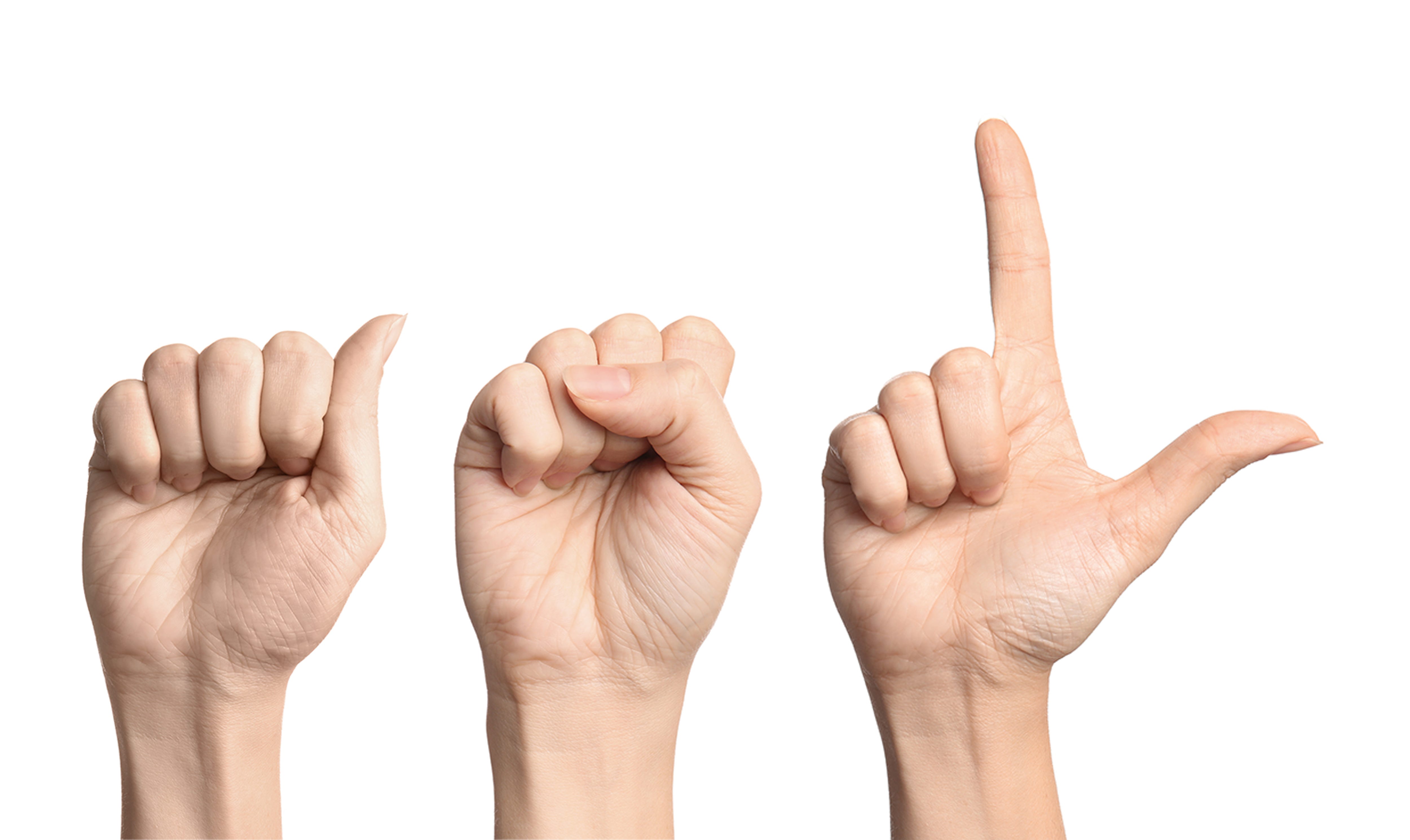 Three hands spelling out the letters A S and L