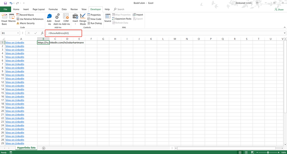 How to extract URLs from hyperlinks in excel workbook with formula by