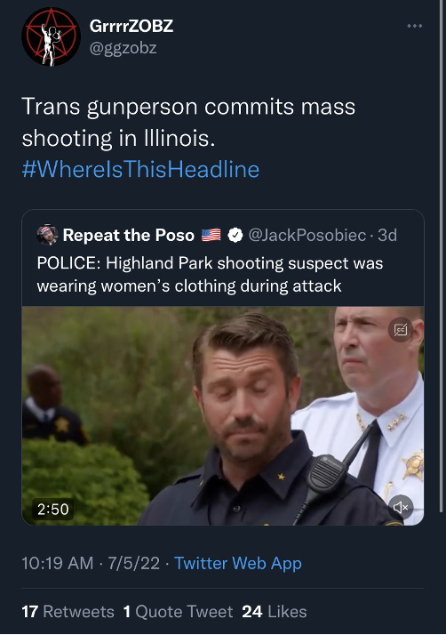 Tweet from a follower of Jack Posobiec alleging the involvement of a “trans gunperson.” (Source: @ggzobz/archive)