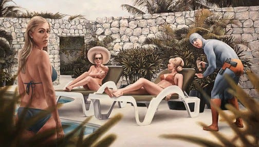 Hyper realistic oil painting of super hero helping three ladies apply sun tan lotion at a vacation resort.