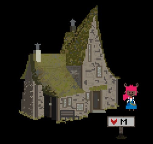 This screenshot shows the museum, a small house with a mossy green roof. Myla stands outside, smiling.