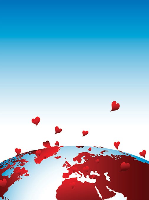planet earth in front of a bright blue sky with bright red hearts floating into the sky, representing enlightened communities
