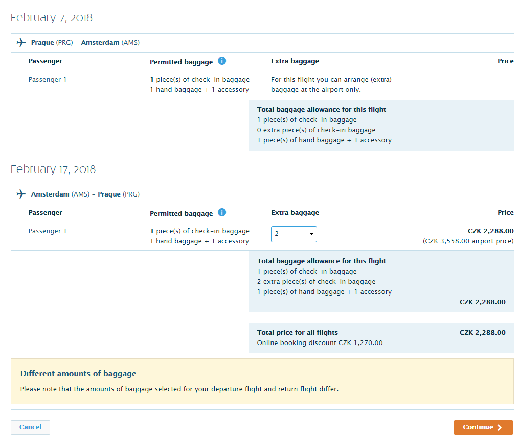 klm extra baggage price