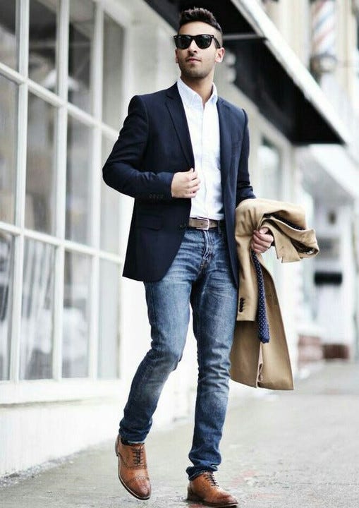 blue blazer matching jeans