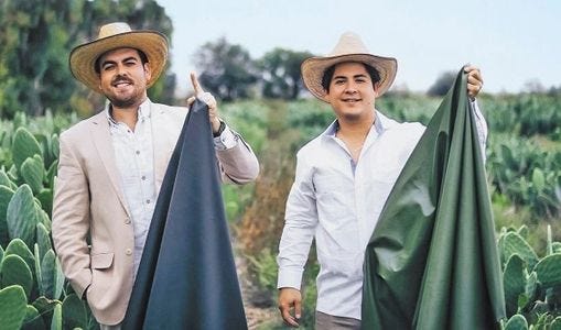 Co-founders Adrián López Velarde and Marte Cázarez holding Nopal Cactus Leather