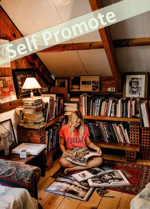 a girl sitting on the floor in her attic room of vaulted ceilings, surrounded by shelves of books