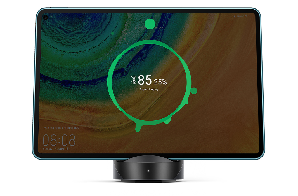 A photo of a tablet supercharging using a Huawei SuperCharge Wireless Charger — Via Huawei.com