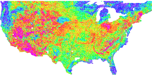 Mapa de escala de color de los Estados Unidos que muestra datos radiométricos.