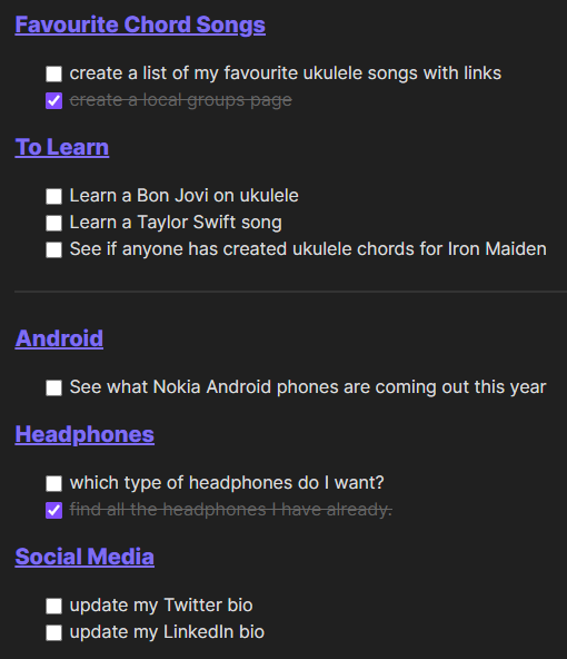 Screenshot showing how Dataview renders the list of tasks from notes with the tag ‘ukulele’ and ‘research’. Showing three sub headers for ukulele notes and three sub headers for research notes, with one or more checkboxes under each with the task next to them, some checked.