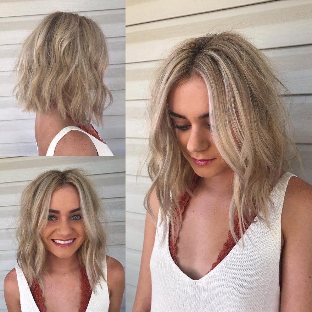 Long Light Blonde Angled Bob With Wavy Beach Textured Layers And