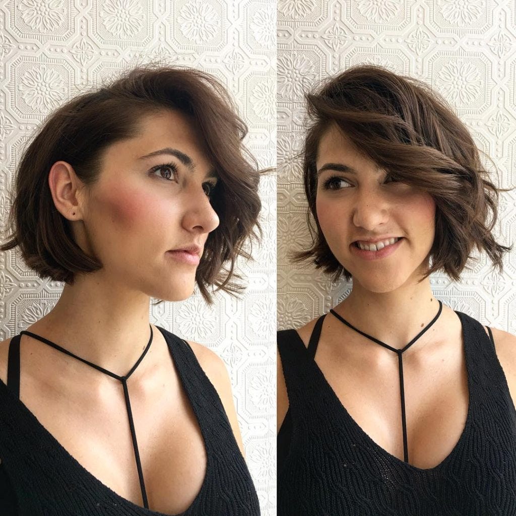 Brunette Soft Blend Shaped Bob With Tousled Waves And Long Wavy