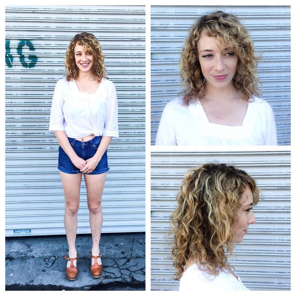 Shoulder Length Curly Bob With Side Swept Bangs And Balayage