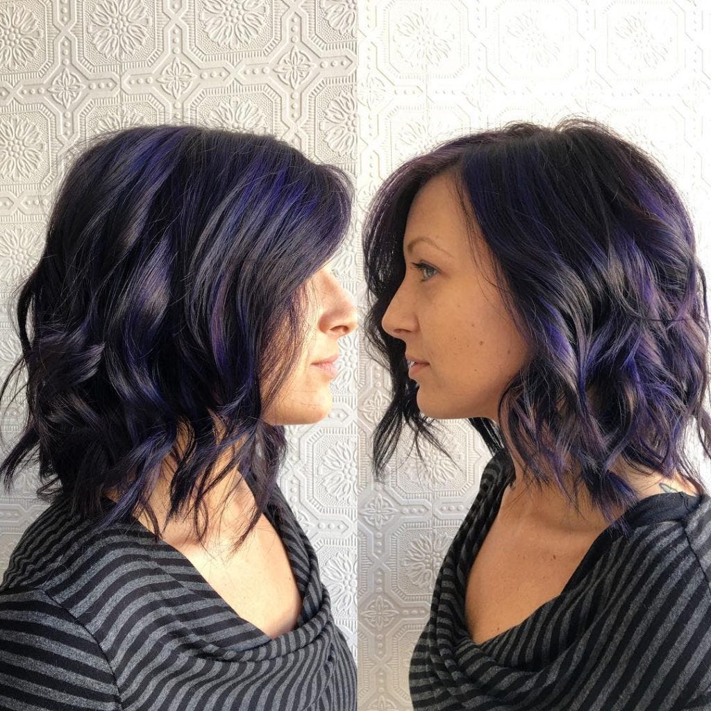 Dark Textured Lob With Messy Waves And Purple Highlights