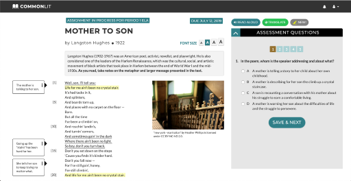 A student view of the CommonLit lesson "Mother to Son."