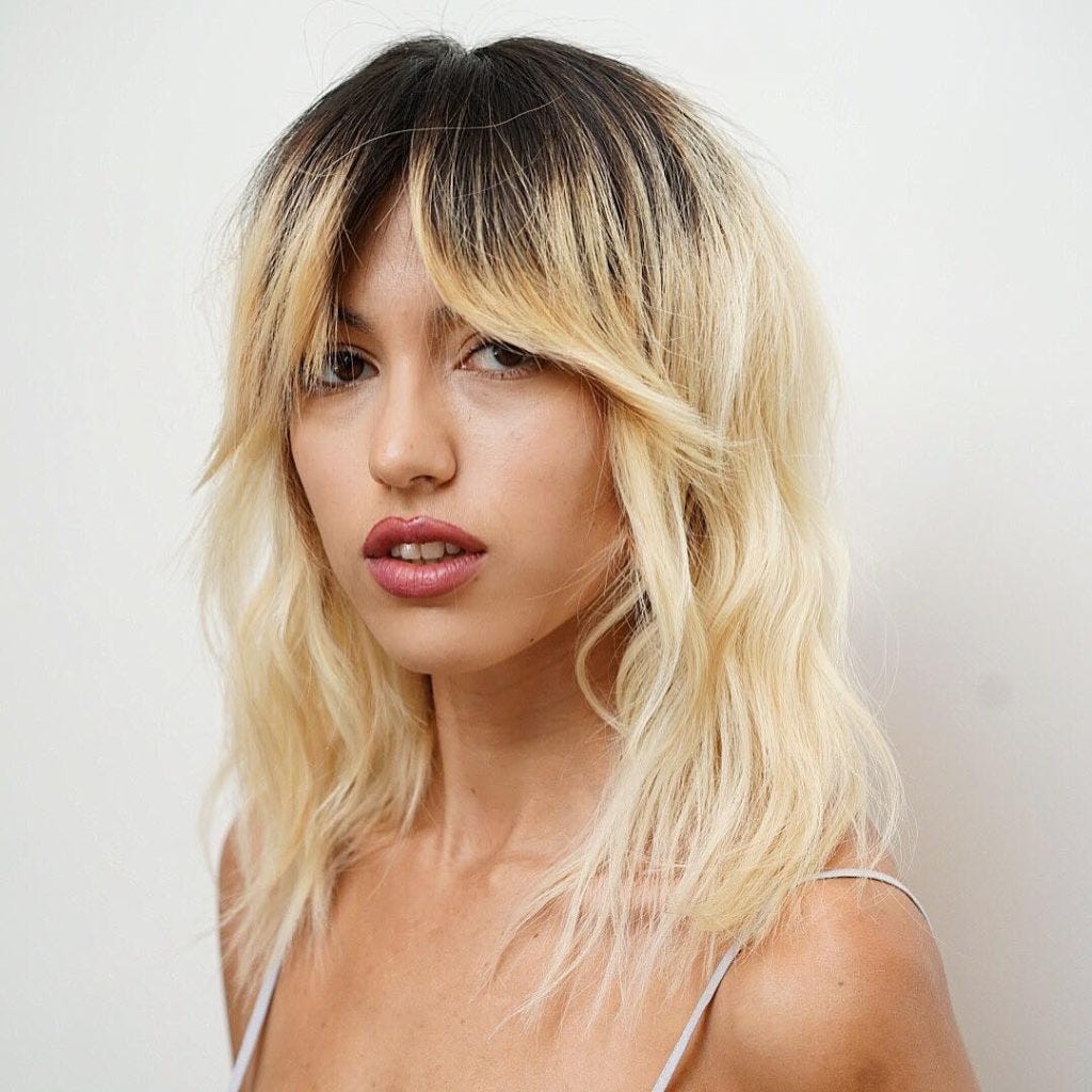 Messy Platinum Blonde Wavy Textured Lob with Fringe Curtain Bangs and Shado...