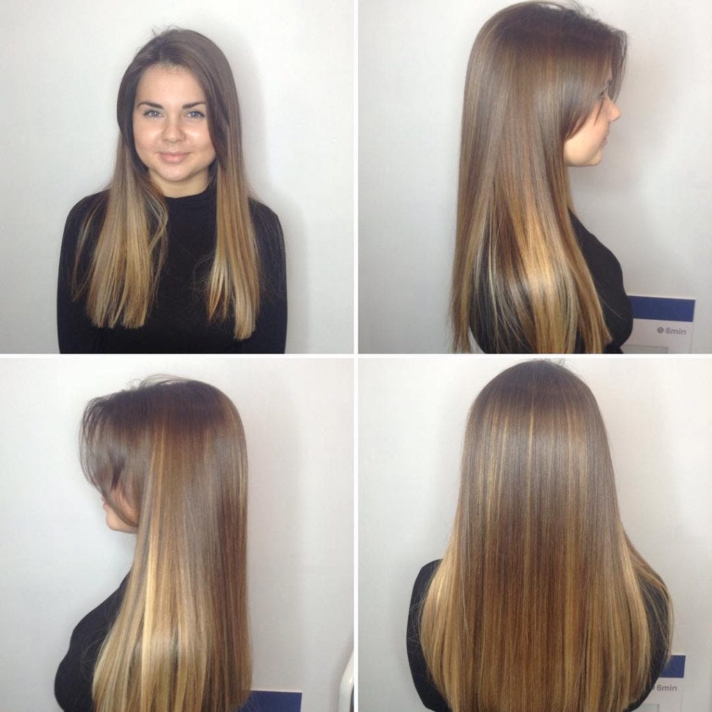 Long Blunt Cut With Long Parted Bangs And Bronde Balayage