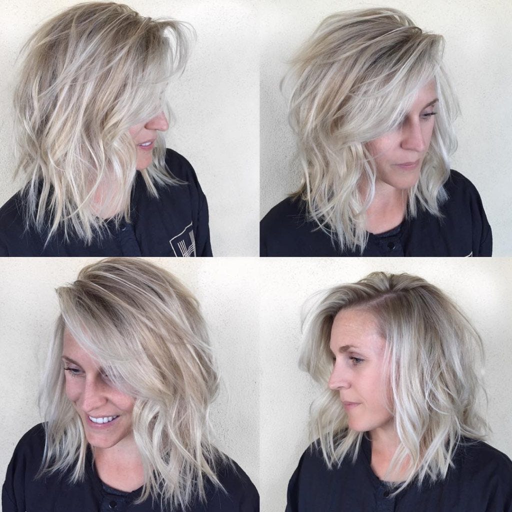 Undone Textured Lob With Long Side Swept Bangs And Pale Blonde