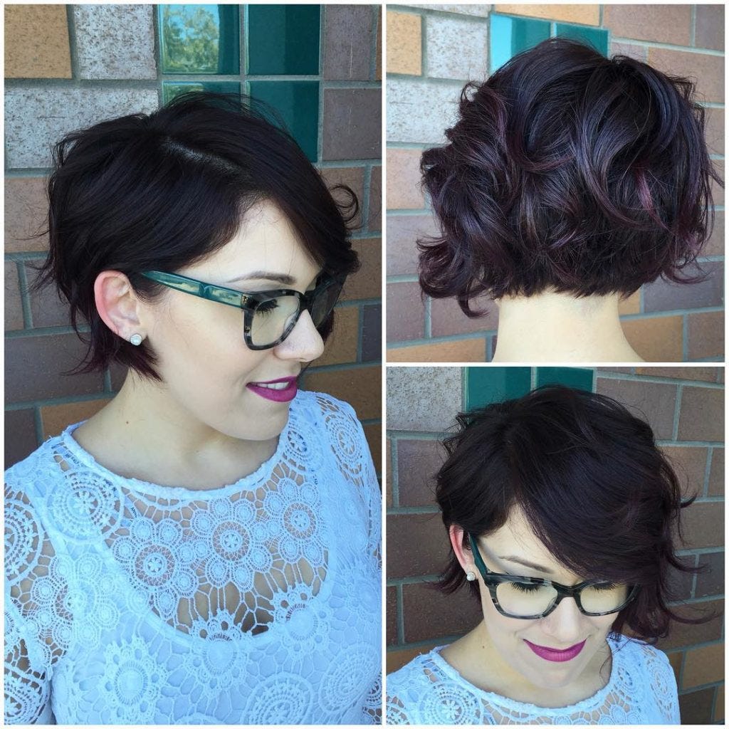 Wavy Undercut Bob On Dark Hair With Burgundy Highlights