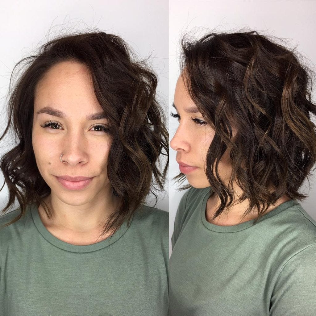 Tousled Layered Bob With Textured Waves And Chocolate Brunette Color