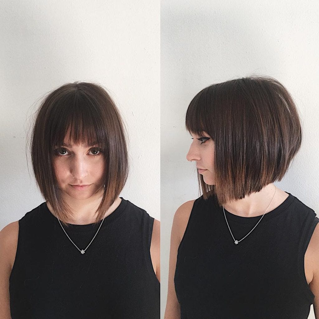 Chic Blunt Angled Bob With Feathered Bangs And Brunette Ombre By Hairstyleology Medium