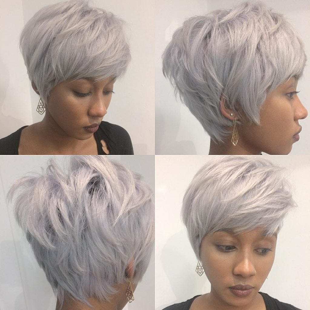 Chic Stacked Silver Pixie With Messy Texture And Feathered Bangs