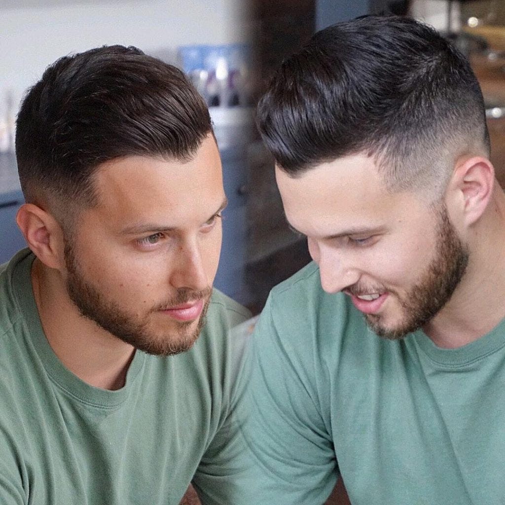 Mens Dark Brown Tapered Fade With Natural Wavy Texture And Beard