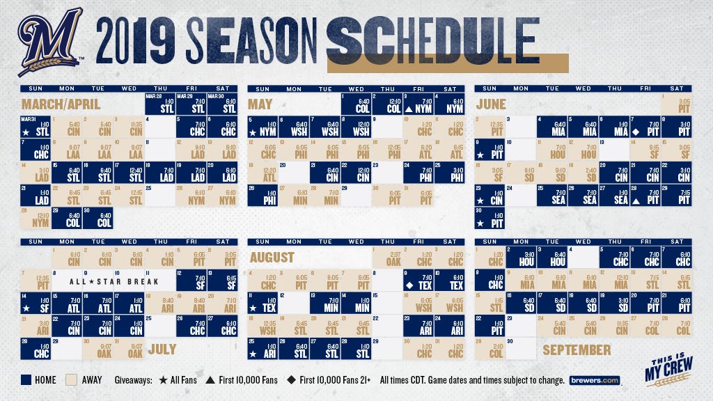 BREWERS ANNOUNCE 2019 SCHEDULE WITH HOME AND ROAD TIMES