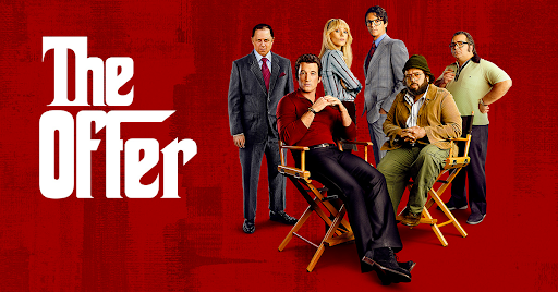 This is the cover art for the Paramount+ original series called “The Offer” about Oscar®-winning producer Albert S. Ruddy’s extraordinary experience of making The Godfather. This picture is an illustration of the cast with the words “The Offer” in white text on the left and the right is the cast that made this show.