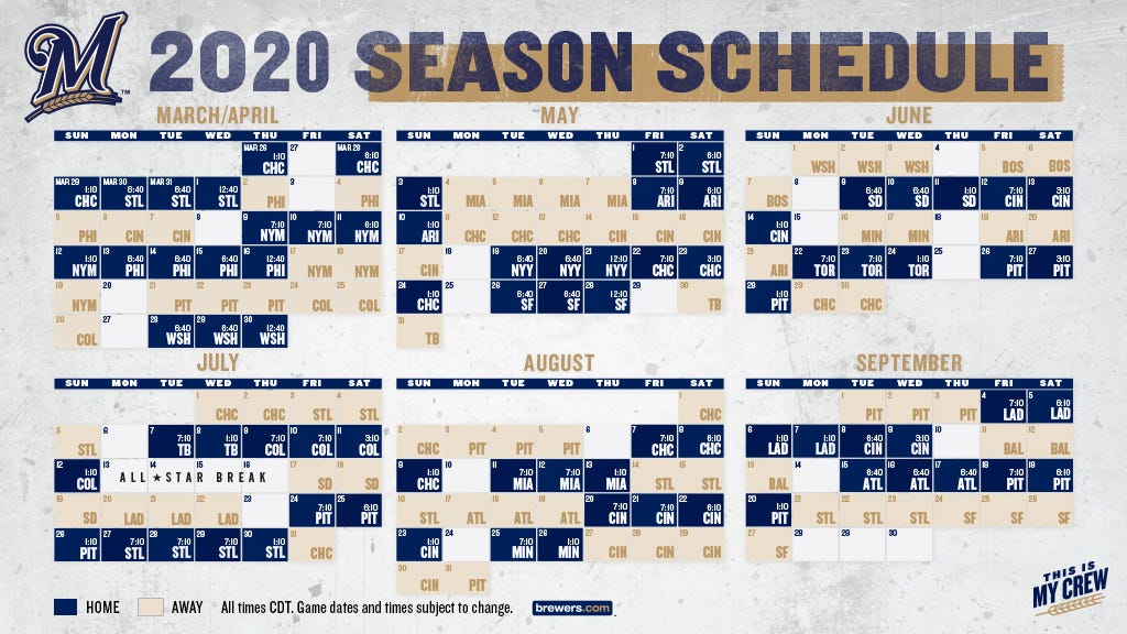 BREWERS ANNOUNCE 2020 REGULAR SEASON SCHEDULE By Caitlin Moyer Cait