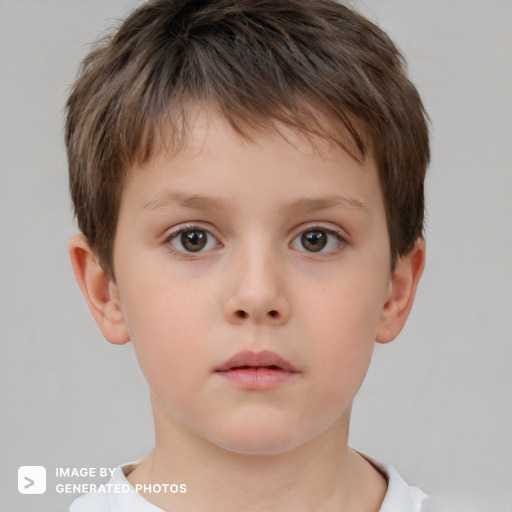 A young caucasian boy with light brown hair and light brown eyes looks directly into the camera..