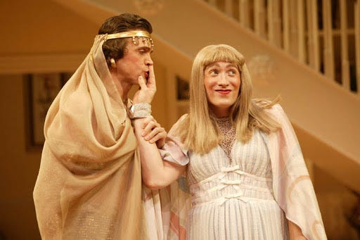Leo and Jack, dressed as “Maxine” and “Stephanie”, respectively, in Ken Ludwig’s “Leading Ladies”.