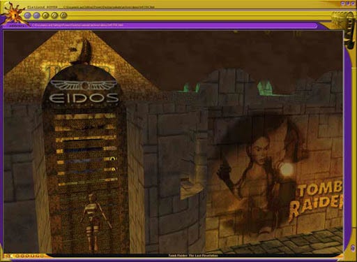 A screenshot of someone surfing the net and looking at an old Tomb Raider page. However the page is graphics-based, looking more like part of a game than a normal website — with the user interacting with their surroundings to ‘browse’.