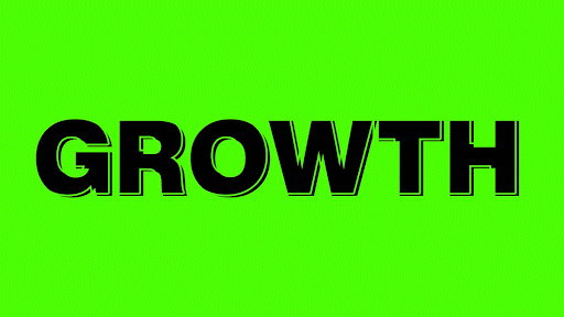 The word Growth flashing on a bright green and pink background alternating colors. The text itself aka the word growth is changing colors from black to white with a stroke outline.