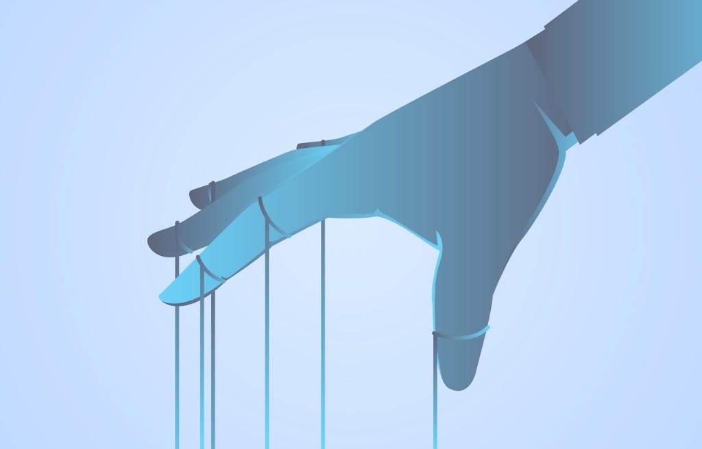 Illustration of a hand with strings tied to the joints, implying that a marionette is out of frame.