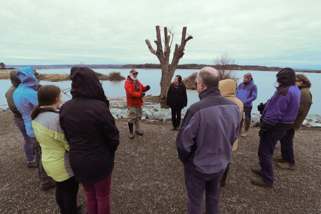 Photo of the tour group taking in the transformation at high tide on Leque Island. Photo credit: Dawn Pucci