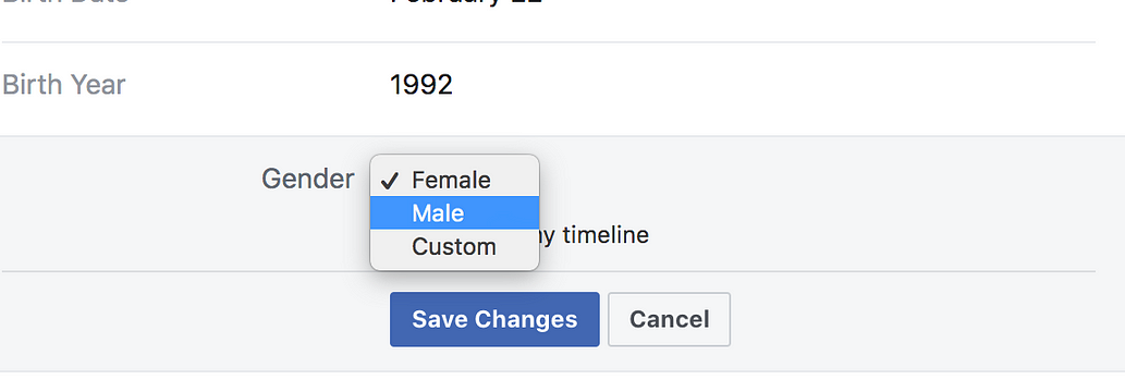 Facebook’s gender selection screenshot