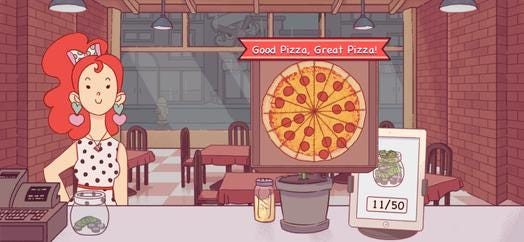 Screenshot of a cartoon: A redhead woman is standing behind the counter of a pizza shop. A pepperoni pizza in a box hovers in the air with the label “Good Pizza, Great Pizza!” above the counter.