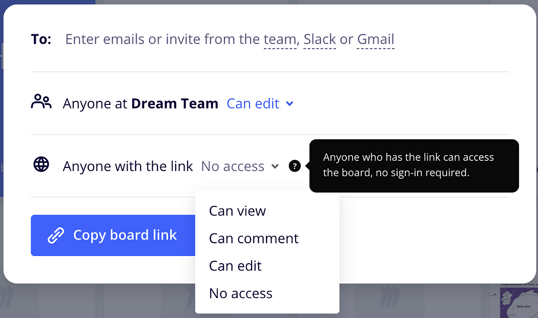 A screenshot shows how you can share a Miro board via invite or link.