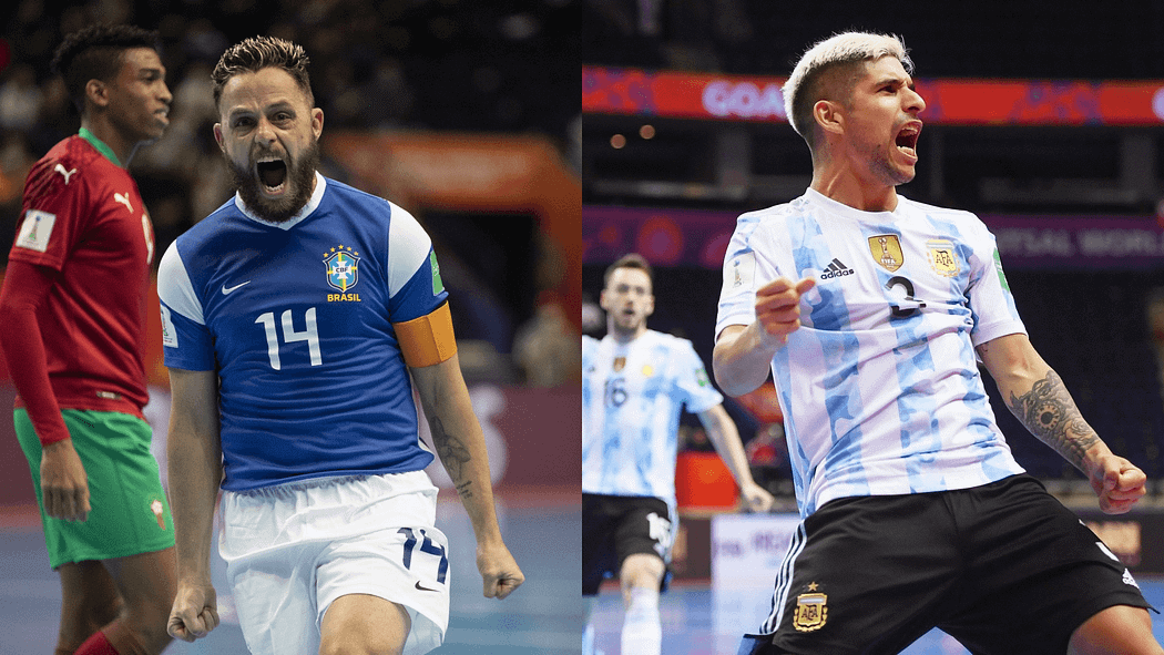 Rodrigo (Brasil) e Damián Stazzone (Argentina) jogando a Copa do Mundo de Futsal de 2021