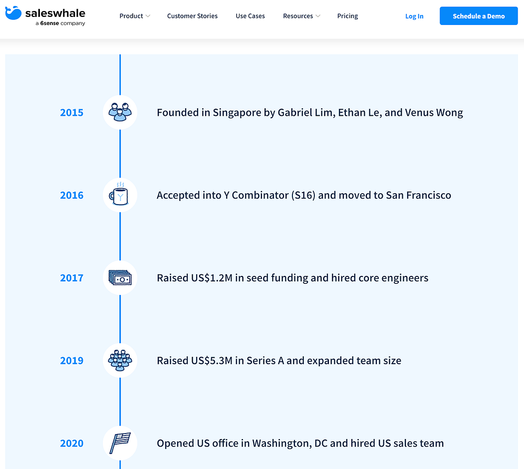A strong biography on a landing page on Saleswhale page